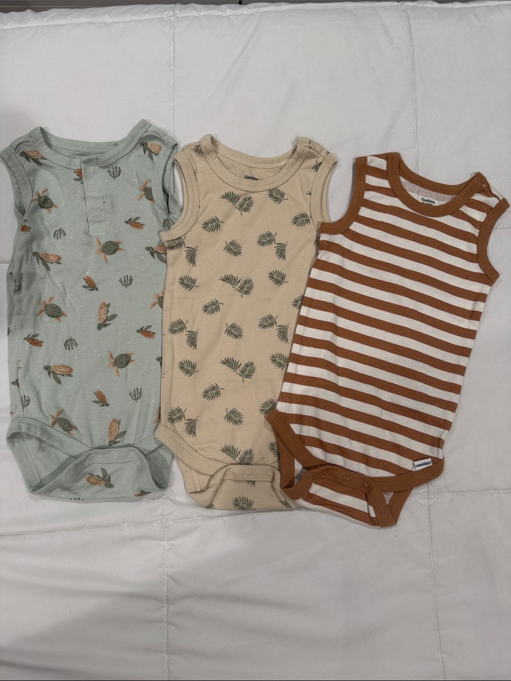 NWOT Gerber Sleeveless Baby Bodysuit Set - Sage, Cream, Brown